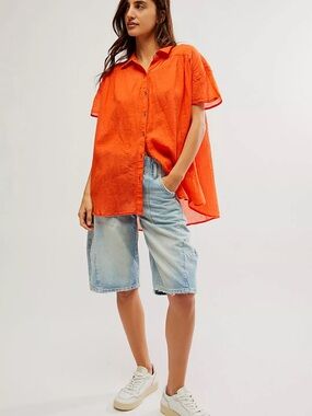 We The Free People Float Away Cotton Gauze Button Front Shirt Orange Size M
